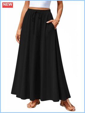 Women's Pleated Flowy A Line Maxi Skirt Drawstring Pockets